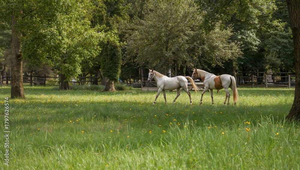 Fototapeta premium Horses strolling through a grassy park under a summer sky, showcasing teamwork and outdoor activity