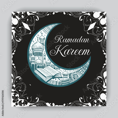 Welcome Ramadan Greeting with Mosque, Crescent Moon, and Stars