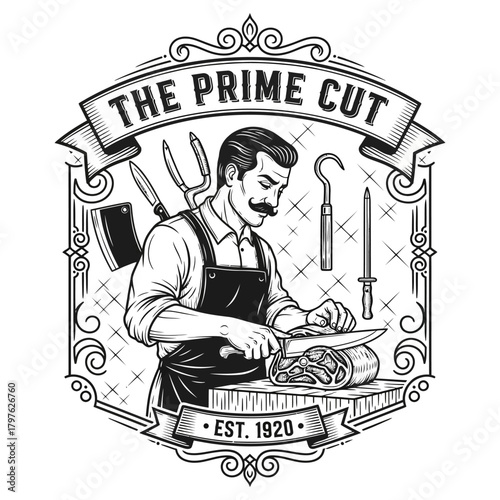 Vintage Butcher Man Carving Meat With Knife And Tools.