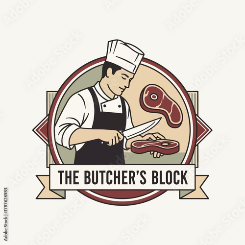 Vintage Butcher Shop Logo with a Professional Chef Cutting Steak.