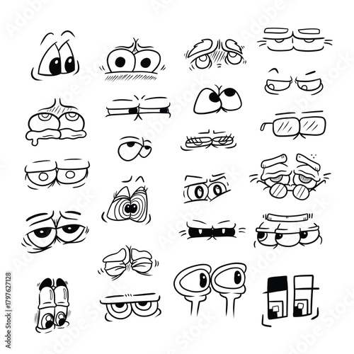 A collection of cartoon vector eye expressions featuring funny, cute, silly, sleepy, surprised, confused, angry, and quirky looks