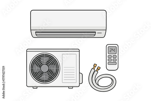 Essential components of a modern residential split air conditioning system displayed on a white background