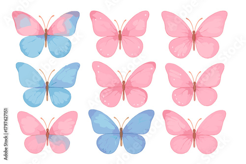 Set of pink and blue butterflies with watercolor texture on a white background
