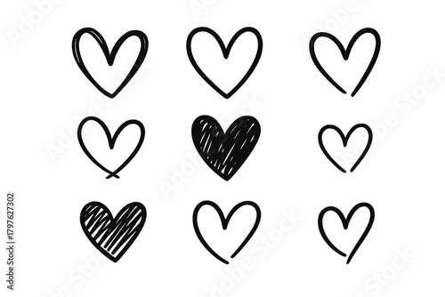 Collection of nine sketchy black heart shapes symbolizing love and romance