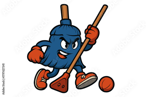 Aggressive cartoon mop character playing floor hockey with a stick and ball