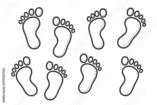 Seamless pattern of black outline human footprints showing walking direction