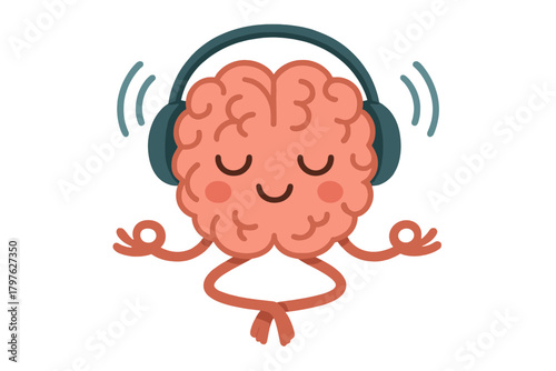 Cute cartoon brain character meditating and relaxing while listening to music through headphones