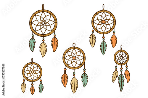 Hand drawn set of boho dreamcatchers with woven webs, natural feathers, and decorative beads