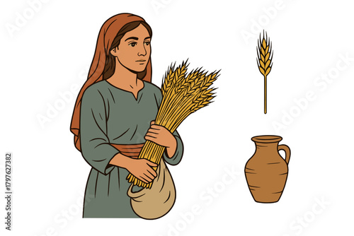 Woman in ancient clothing holding harvested wheat stalks and a sack with a clay pitcher