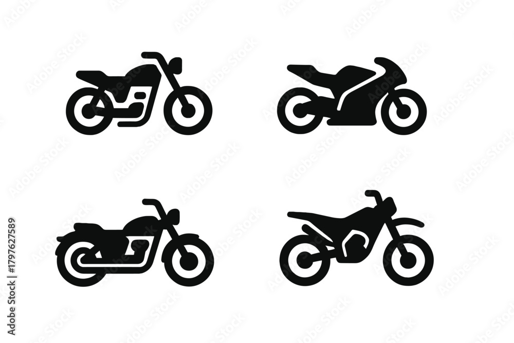 Obraz premium Set of four black silhouette motorcycle icons showing sport, dirt, and cruiser bikes