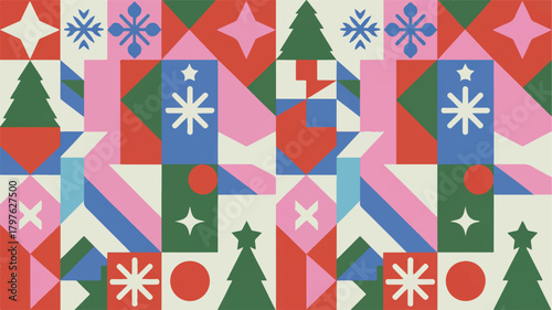 Vibrant abstract geometric Christmas pattern for festive holiday graphic designs. Modern decorative seamless tile with snowflakes, trees, and stars