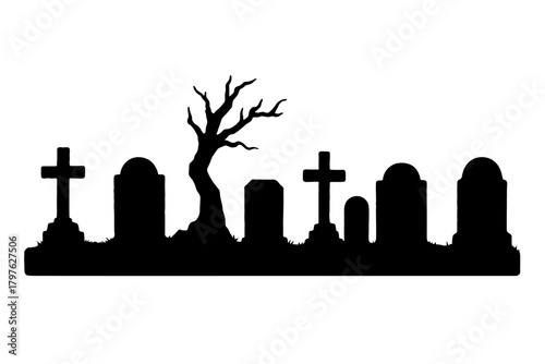 Black silhouette border of a spooky cemetery with tombstones, crosses, and a dead tree