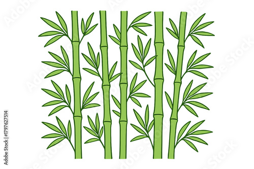 Stylized seamless repeating pattern of green bamboo stalks and fresh leaves on a light background