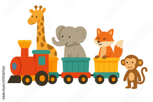 Adorable giraffe elephant fox riding a colorful toy train with a happy monkey standing