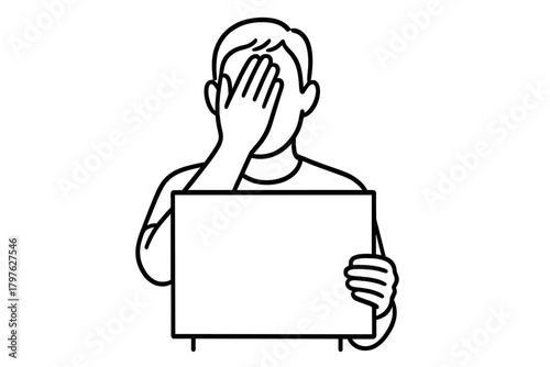 Person making a facepalm gesture while holding a blank rectangular sign for custom text