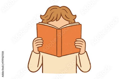 Anonymous person holding an open book covering their face while reading intensely