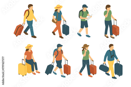 Isometric people traveling with suitcases and bags walking and waiting at an airport or station