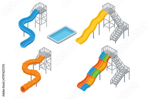 Isometric water park elements including various colorful slides, stair structures, and a swimming pool