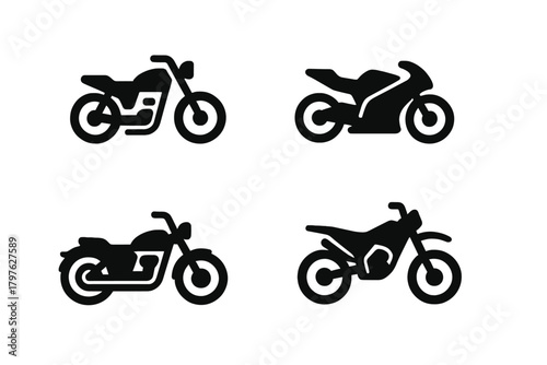 Set of four black silhouette motorcycle icons showing sport, dirt, and cruiser bikes