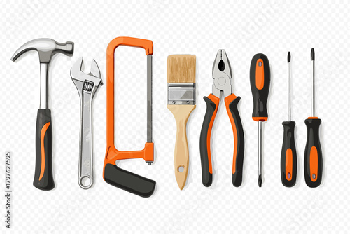 Collection of essential construction, repair, and DIY hand tools arranged in a line