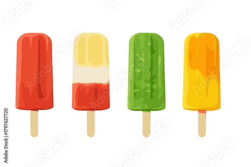 Row of four bright frozen fruit popsicles on sticks in red yellow green and orange flavors
