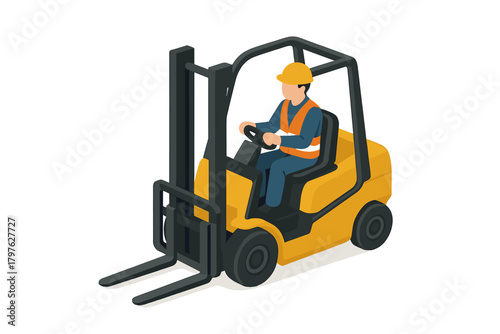 Warehouse worker operating a yellow forklift truck wearing safety vest and hard hat