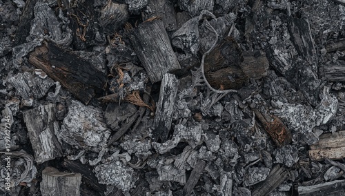 Gray wood burning ash with ...