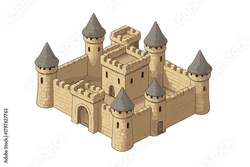 Classic medieval stone castle fortress structure with high defensive walls and conical towers