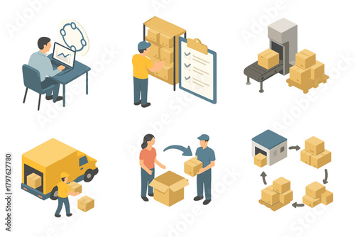 Global logistics and supply chain management process with isometric icons for delivery, warehouse, and tracking
