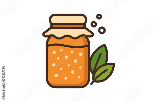 Homemade fruit preserves in a glass jar with a cloth cover and fresh green leaves