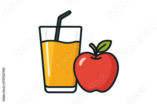 Tall glass of refreshing yellow fruit juice with a straw next to a whole red