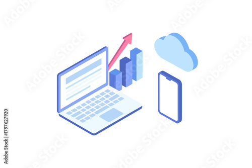 Isometric digital devices showing business growth and cloud data synchronization