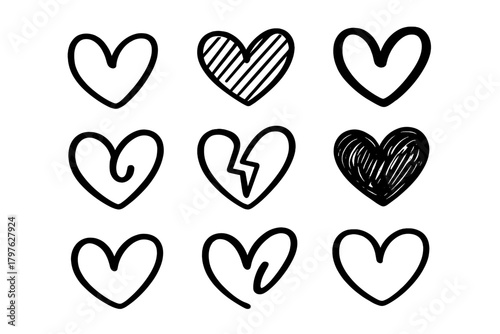 Collection of nine different hand-drawn doodle heart shapes and broken heart symbols