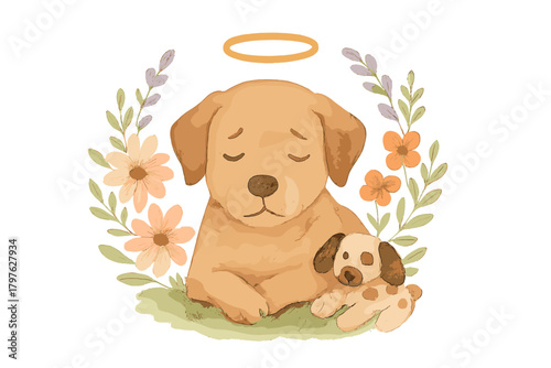 Peaceful dog angel with a halo resting among gentle flowers and a favorite toy in watercolor style