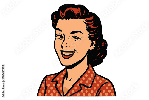 Retro pop art style portrait of a smiling woman winking in a polka dot shirt