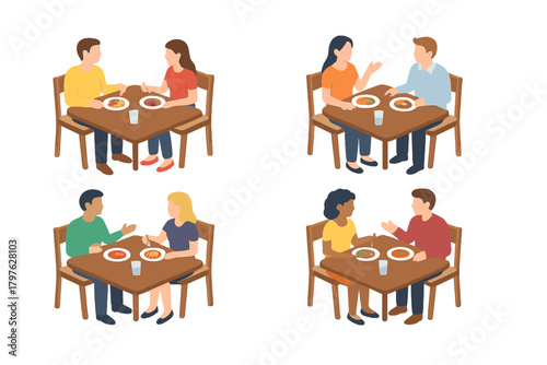 Four diverse couples sitting at restaurant tables having dinner and conversation
