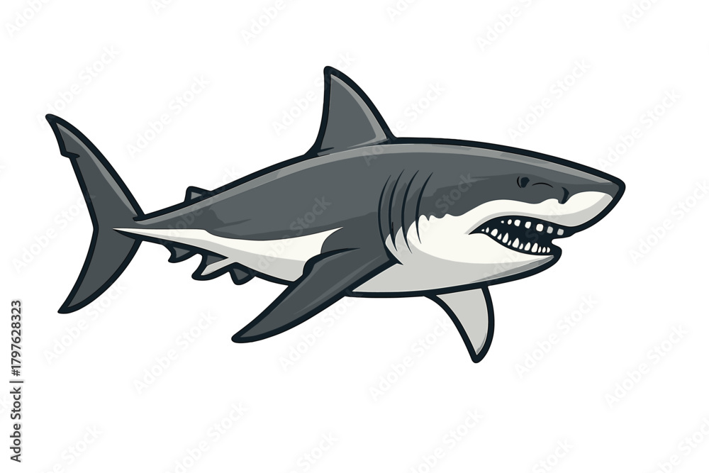 Obraz premium Aggressive great white shark mascot swimming with open mouth and sharp teeth showing