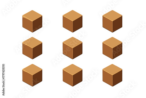 Nine identical golden isometric cubes arranged in a grid pattern on a white background