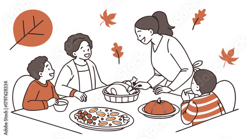 A happy family enjoying a festive Thanksgiving dinner with roasted turkey and pumpkin pie, surrounded by autumn leaves.