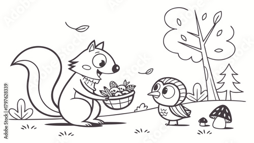 A friendly squirrel offers a basket of berries to a cute owl in a forest scene, a charming black and white illustration.