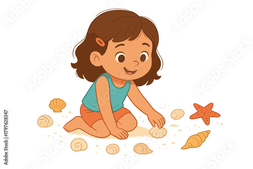 Cheerful young child gathering colorful seashells and a starfish on a summer beach vacation