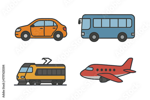 Car, bus, train, and airplane symbols representing common transportation modes