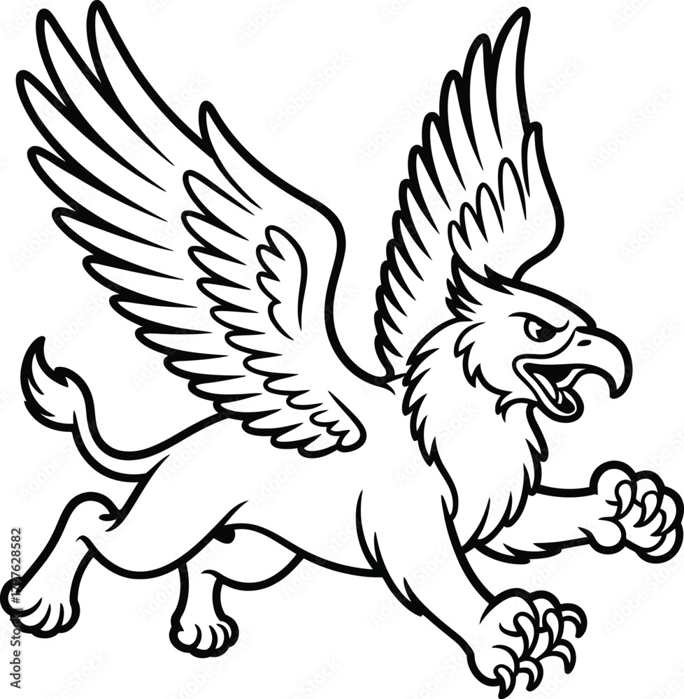 Fototapeta premium Mythical griffin creature with eagle head and lion body in outline drawing