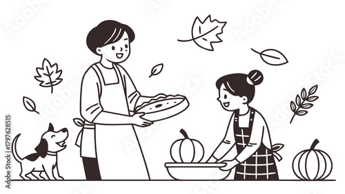 Mother and daughter preparing an autumn feast with pumpkins and pie, accompanied by a happy dog.