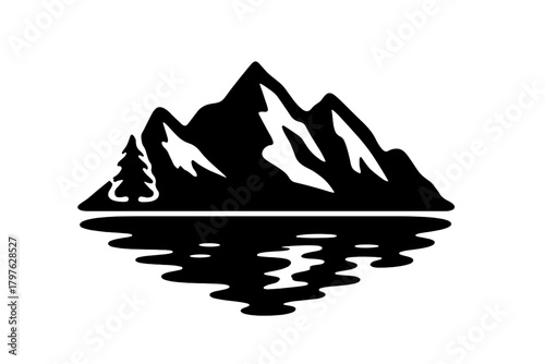 Minimalist black silhouette of mountain peaks and pine tree reflected in calm water
