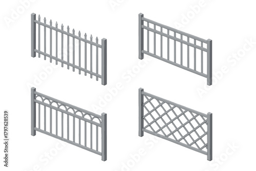 Isometric view of four distinct gray metal barrier designs including picket and lattice styles