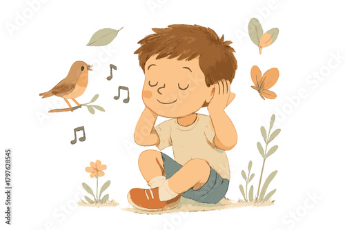 Young boy sitting outdoors listening to a singing bird and nature sounds