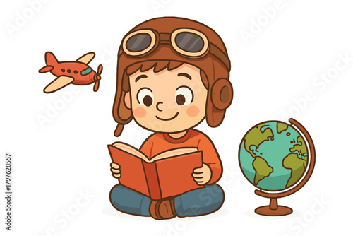 Smiling child wearing aviator helmet reading a book with a globe and toy plane nearby