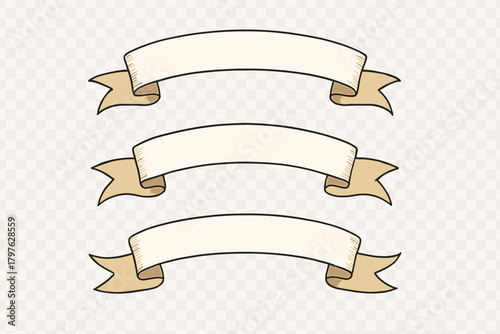 Three vintage blank ribbon banners with engraved texture and antique style