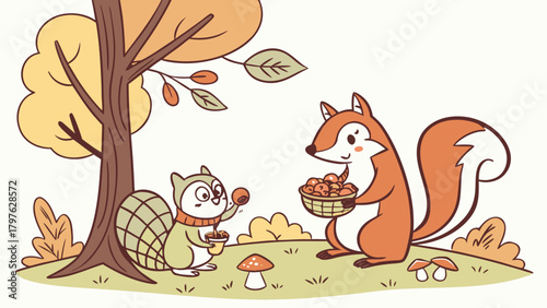 A cute cartoon illustration of a fox and a squirrel collecting nuts in an autumn forest scene.